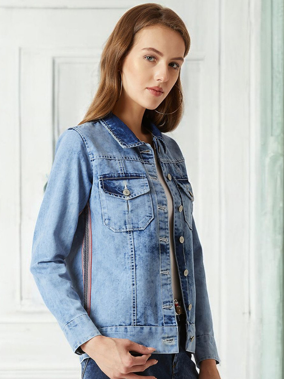 Miss Chase Women Striped Denim Jacket with Embroidered