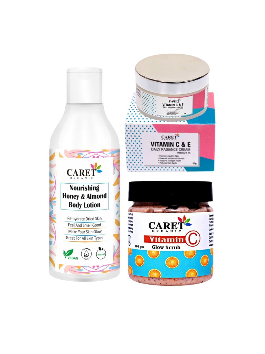 CARET ORGANIC Set of 3 Body Lotion- 250 ml, Vitamin C Scrub- 100 g & Daily Cream- 50 g