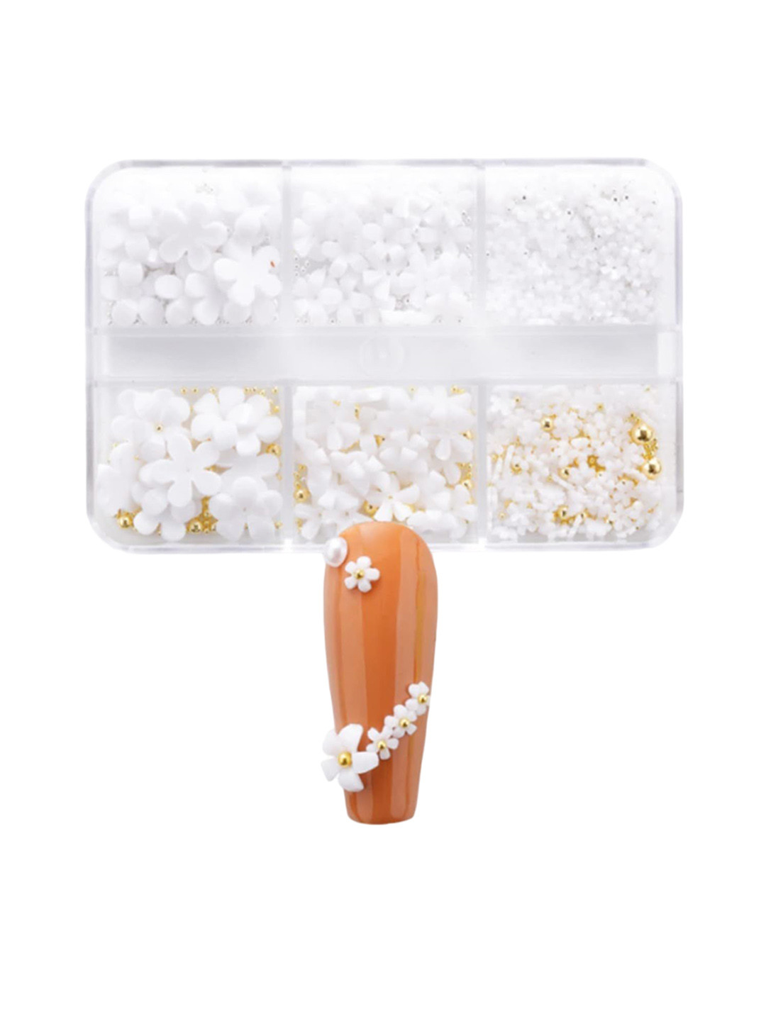 Scheibe 6 Grid Flowers & Metal Balls Nail Art Accessories - White