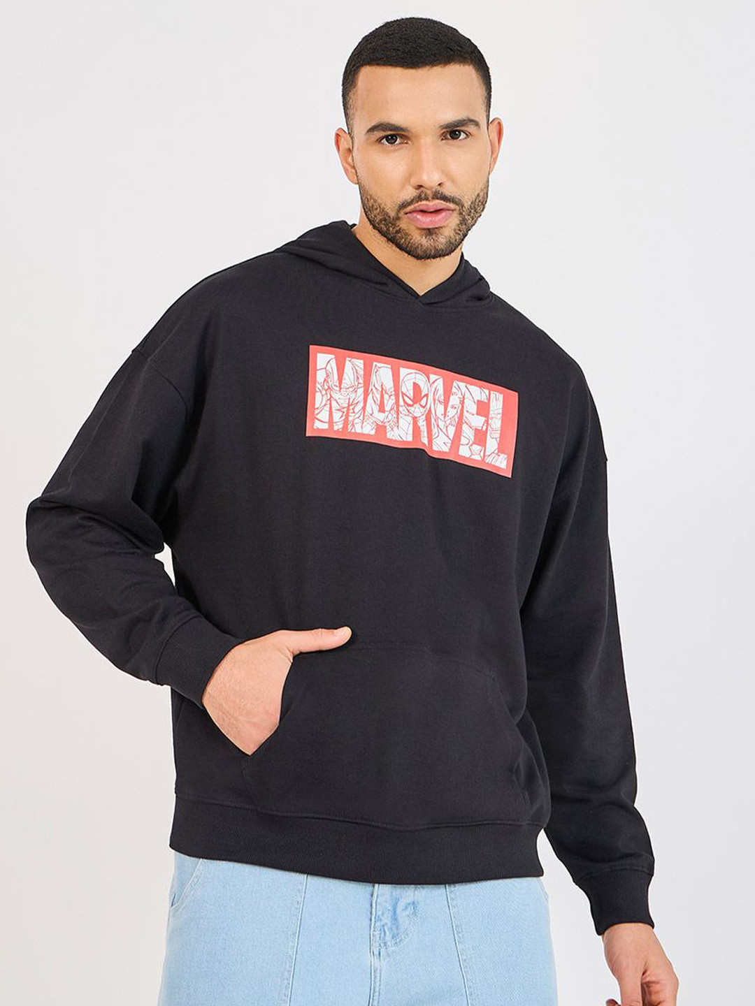 Styli Men Marvel Print Oversized Pure Cotton Pullover Hoodie with Kangaroo Pocket