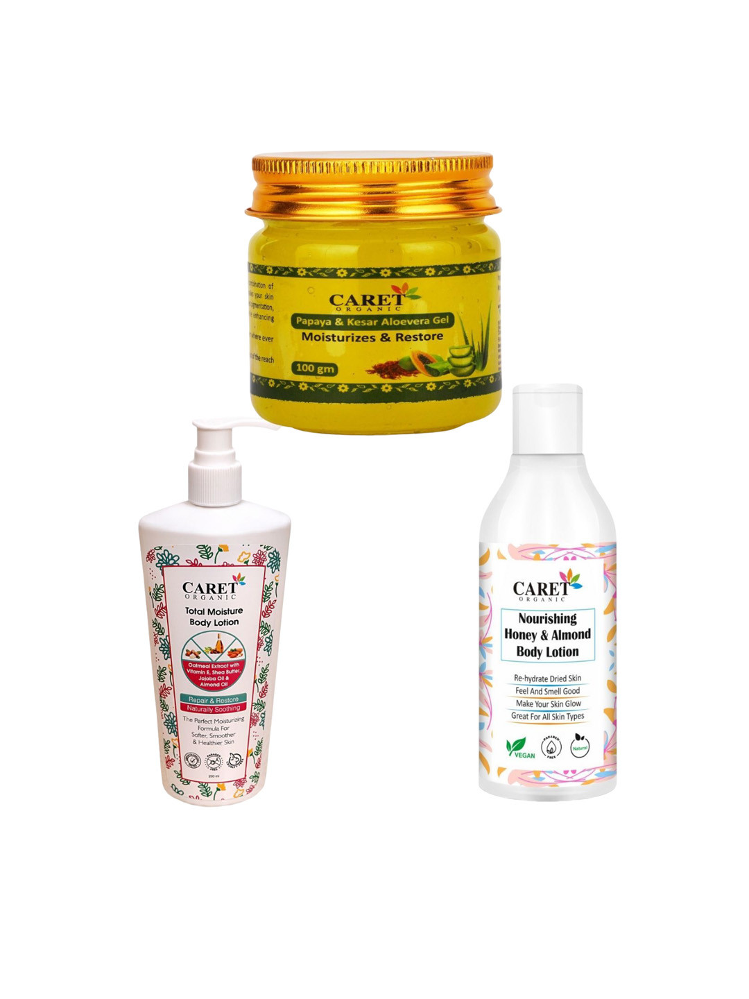 CARET ORGANIC Set Of 3 Honey & Almond Body Lotion With Moisture Lotion & Aloe Vera Gel
