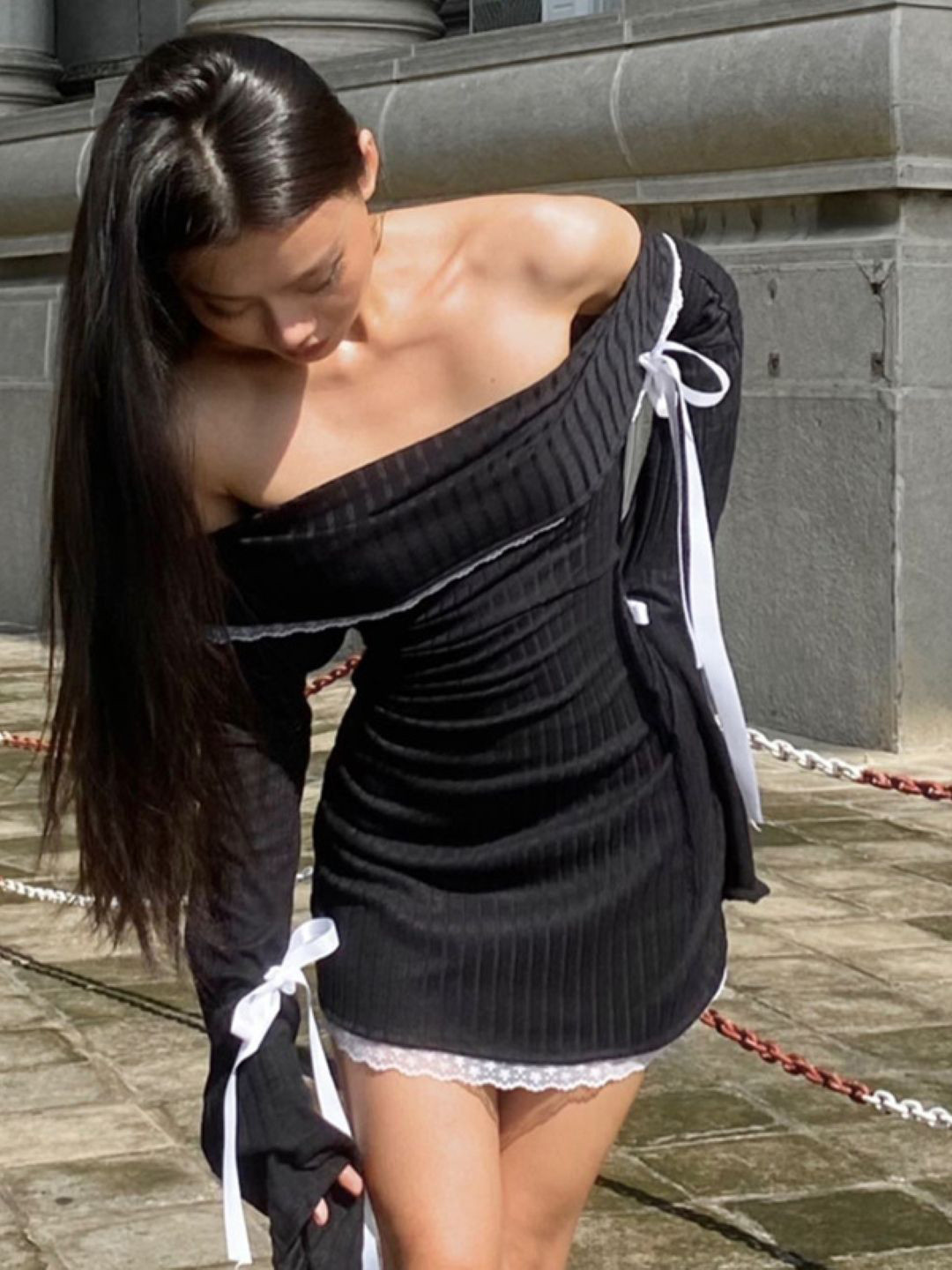KPOP Women Strapless Long Sleeves Mini Bandeau Dress