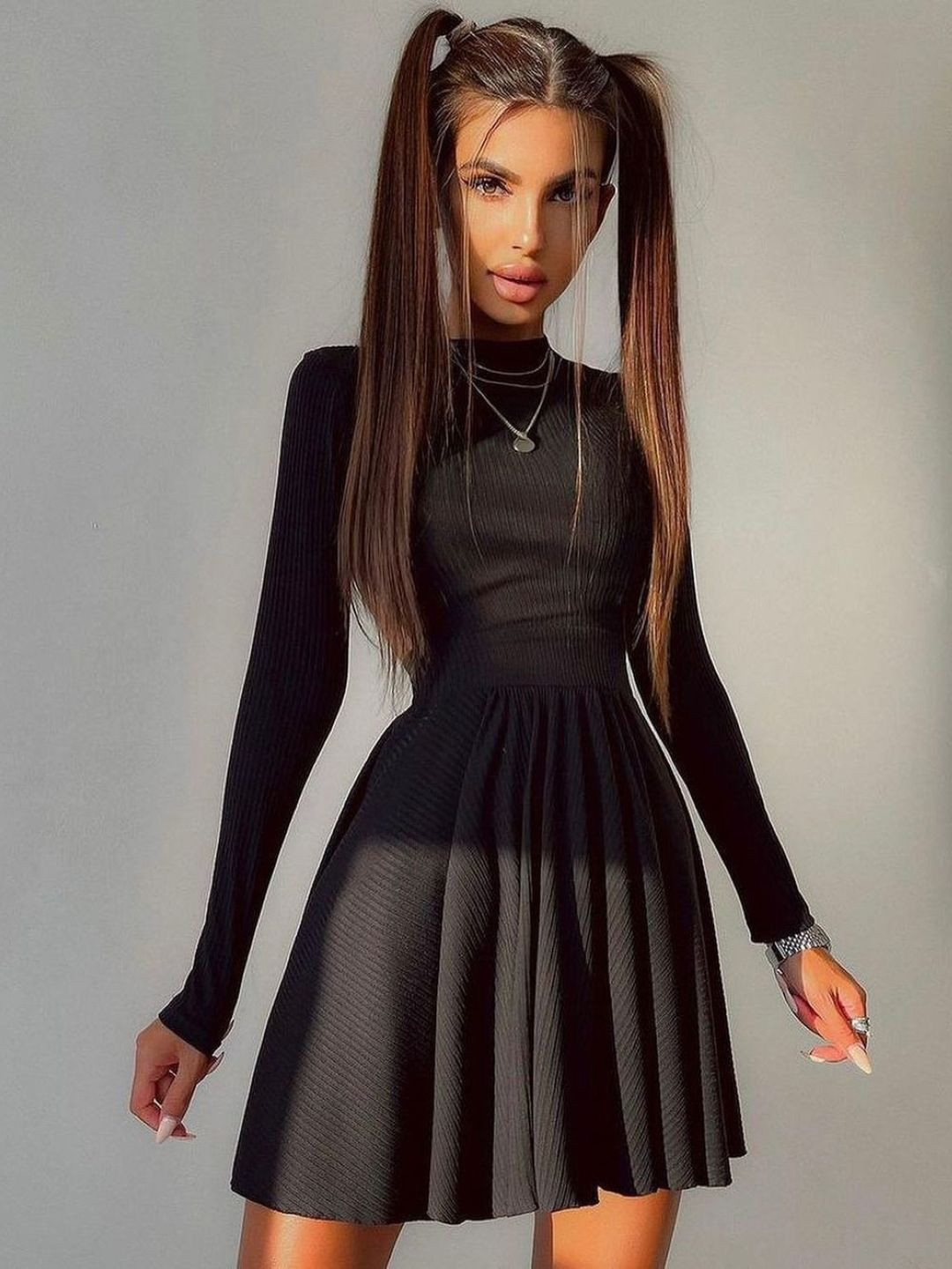 KPOP Long Sleeves High Neck Fit and Flare Dress