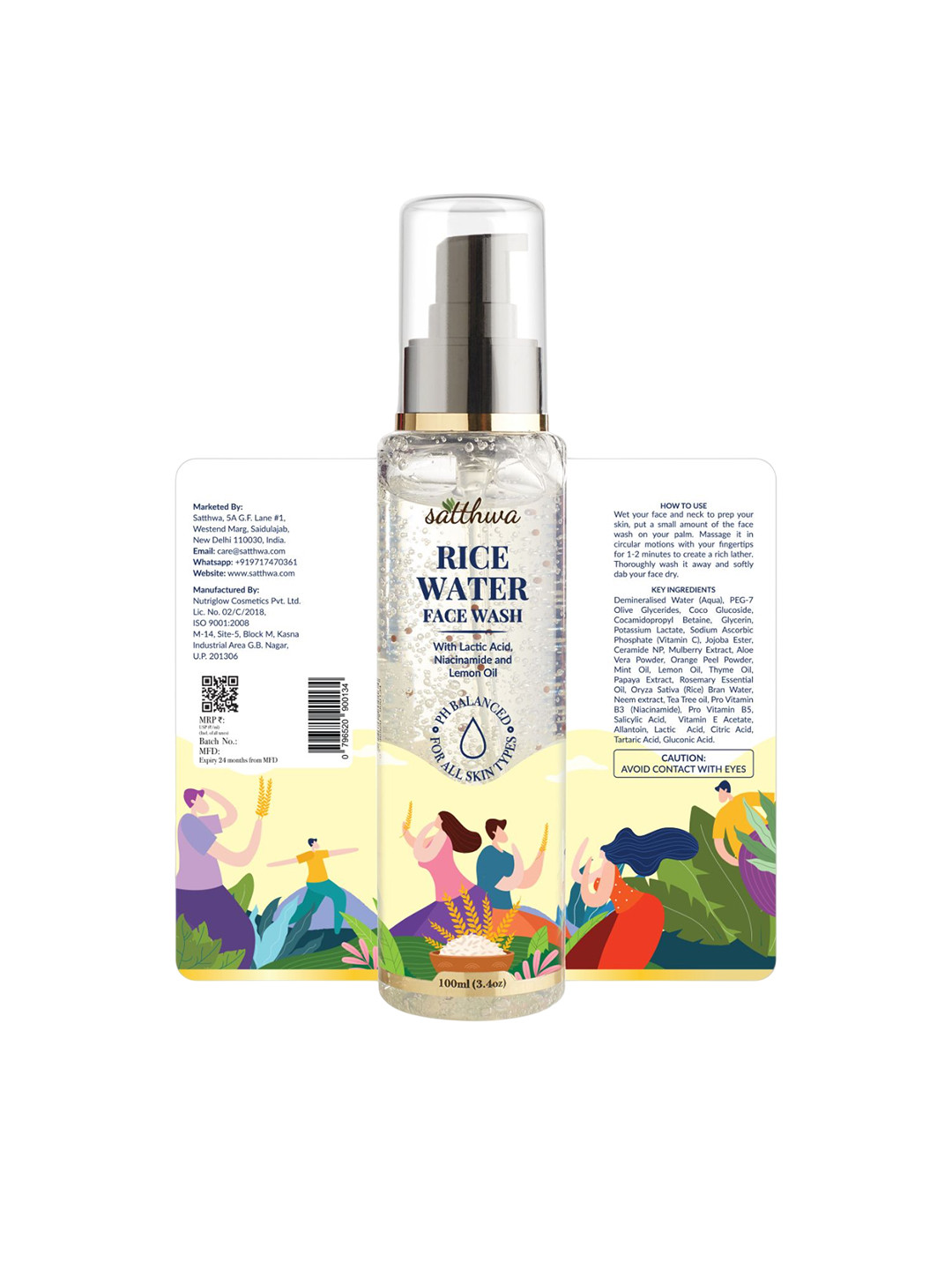 Satthwa Rice Water Face Wash With Lactic Acid & Niacinamide & Lemon Oil - 100 ml