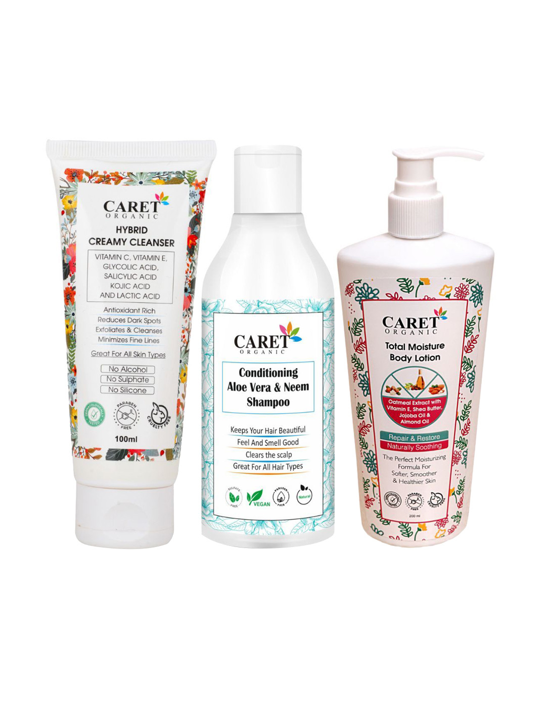 CARET ORGANIC Set Of 3 Hybrid Creamy Cleanser With Body Lotion & Neem Shampoo