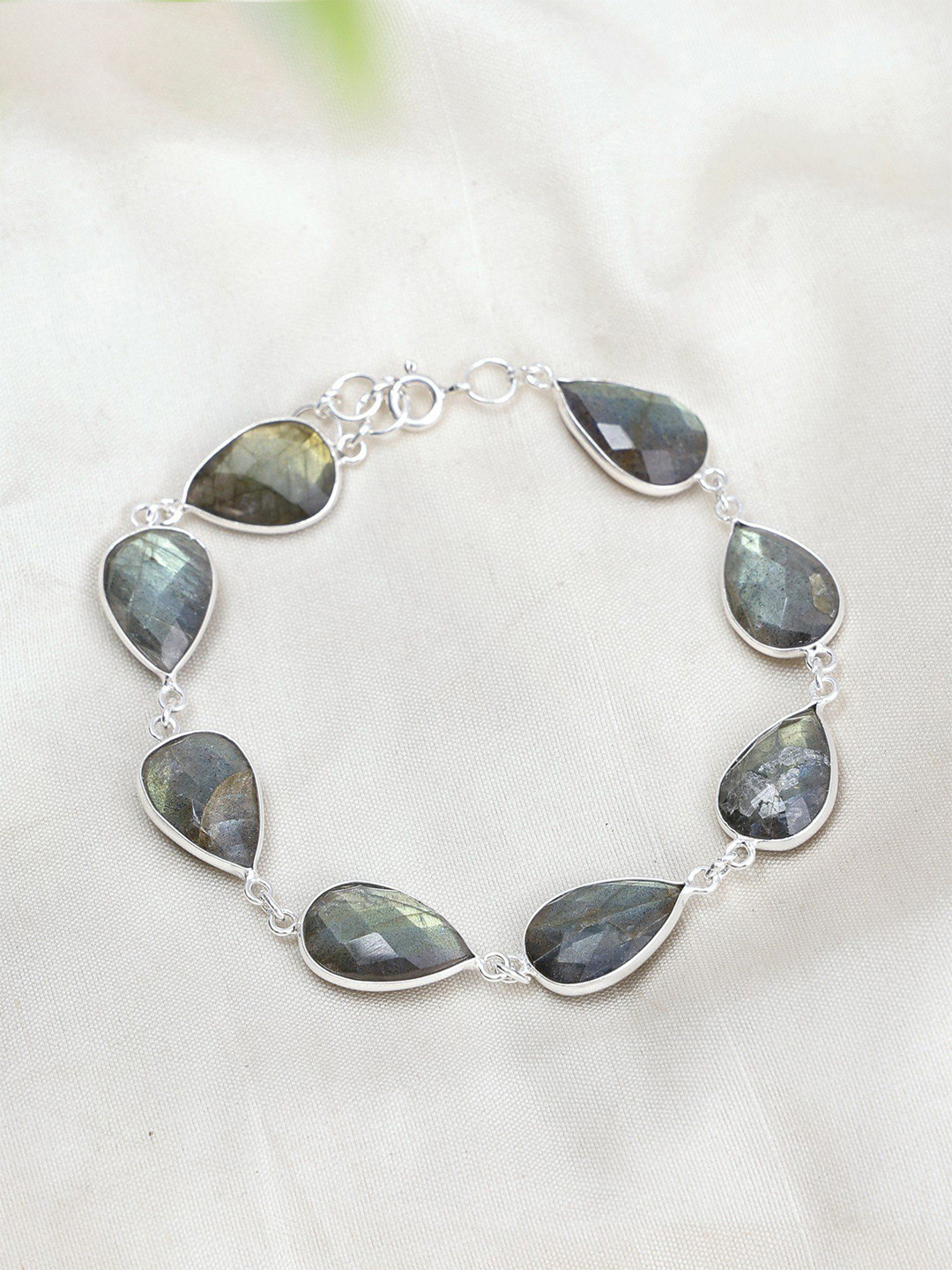 Exotic India Sterling Silver Pear Shaped Faceted Labradorite Bracelet