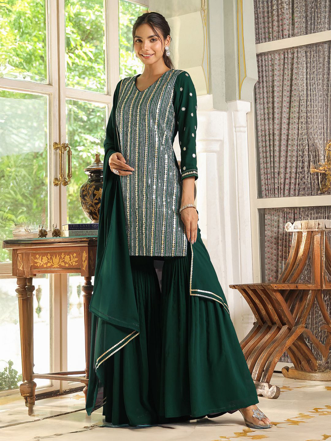 Janasya Women Georgette Sequined Straight Kurta with Sharara & Dupatta Set