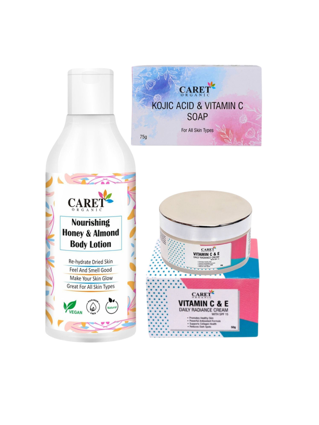 CARET ORGANIC Set of 3 Almond Body Lotion, Vitamin C Cream & Kojic Acid Vitamin C Soap