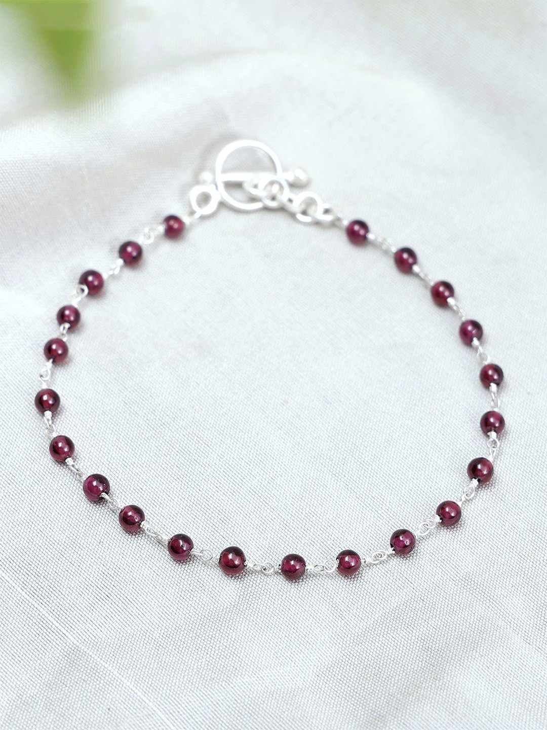 Exotic India Sterling Silver Rhodolite Garnet Beaded Bracelet