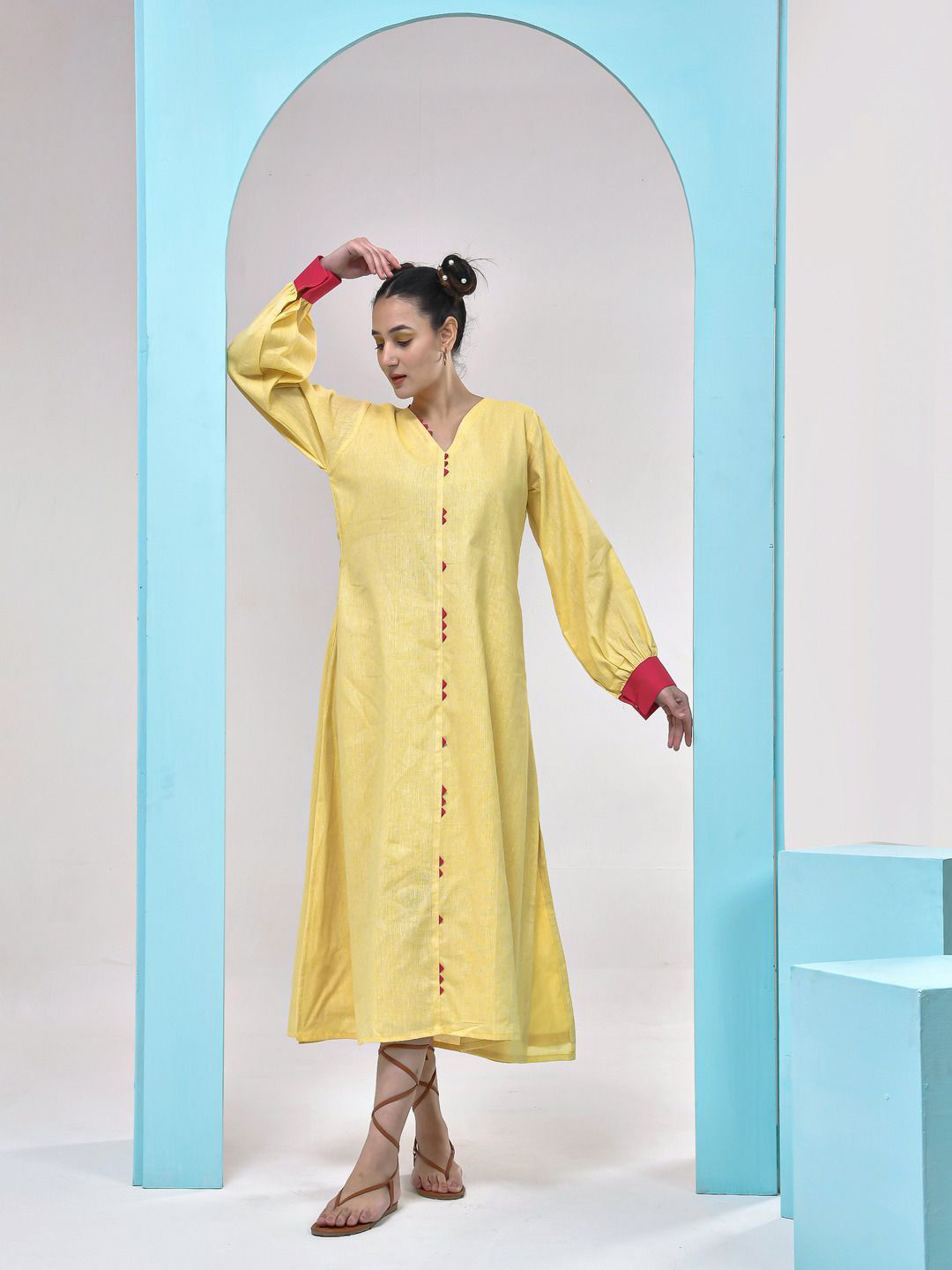 THE SAFFRON SAGA Women V - Neck Pure Cotton A - Line Dress