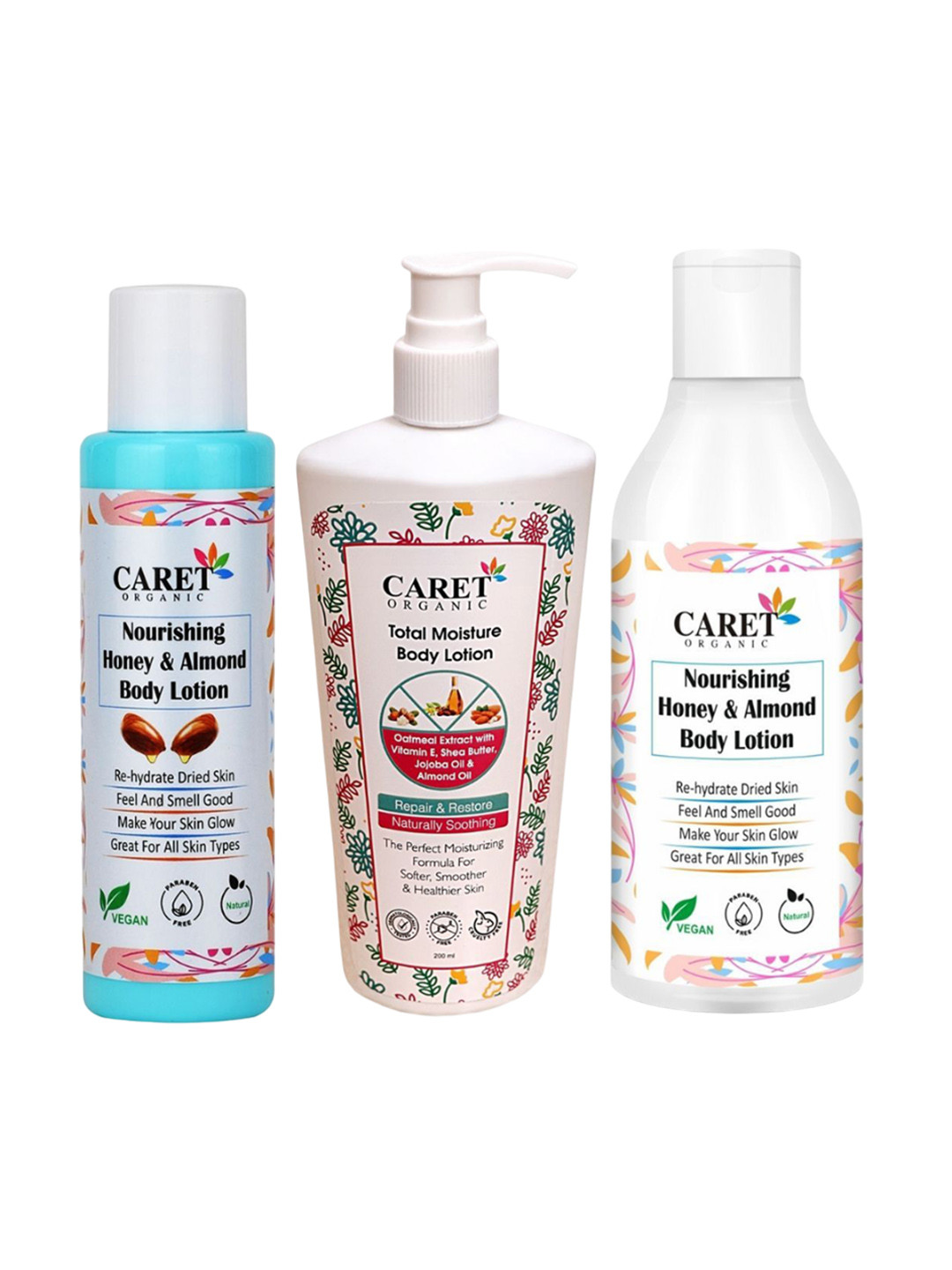 CARET ORGANIC Set of 3 Almond, Total Moisture & Nourishing Honey Body Lotion