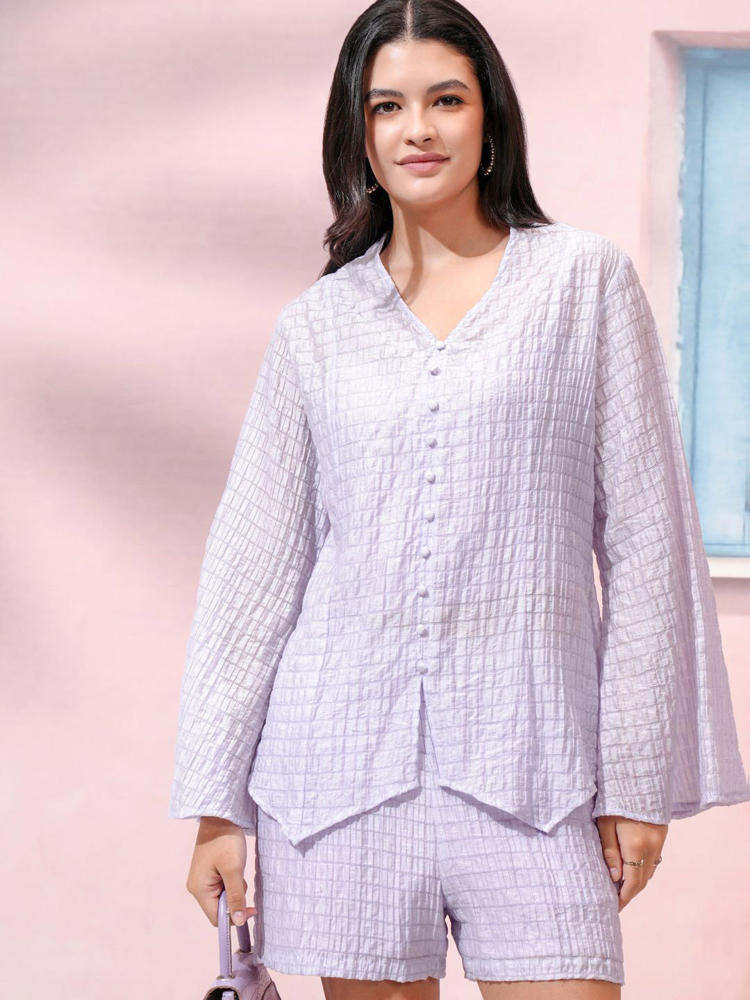 Tokyo Talkies Lavender Self Design V-Neck Long Sleeve Top With Shorts