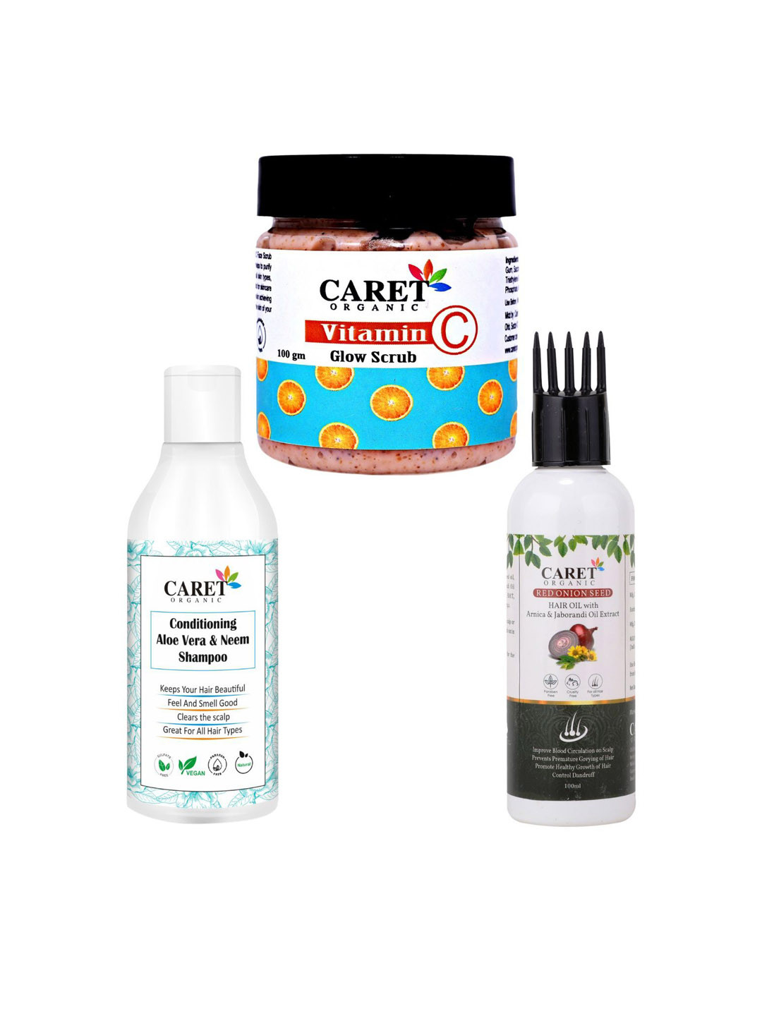 CARET ORGANIC Set Of 3 Vitamin C Scrub With Neem Shampoo & Red Onion Seed Hair Oil
