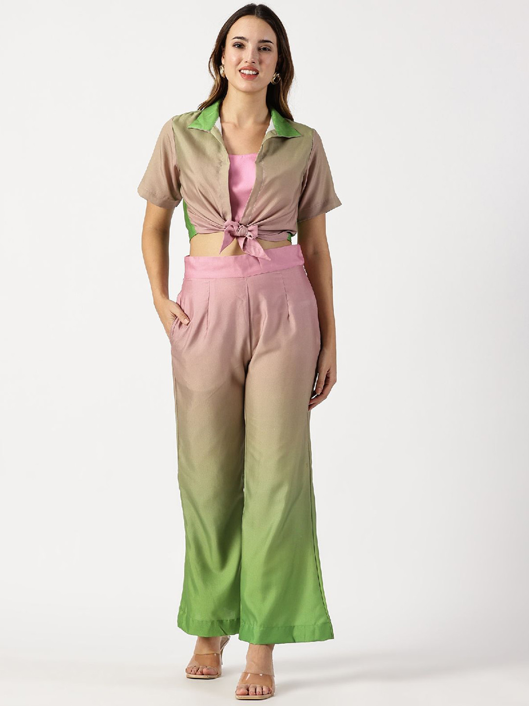 RAVINIK Ombre Shirt Collar Top & Shrug With Trouser