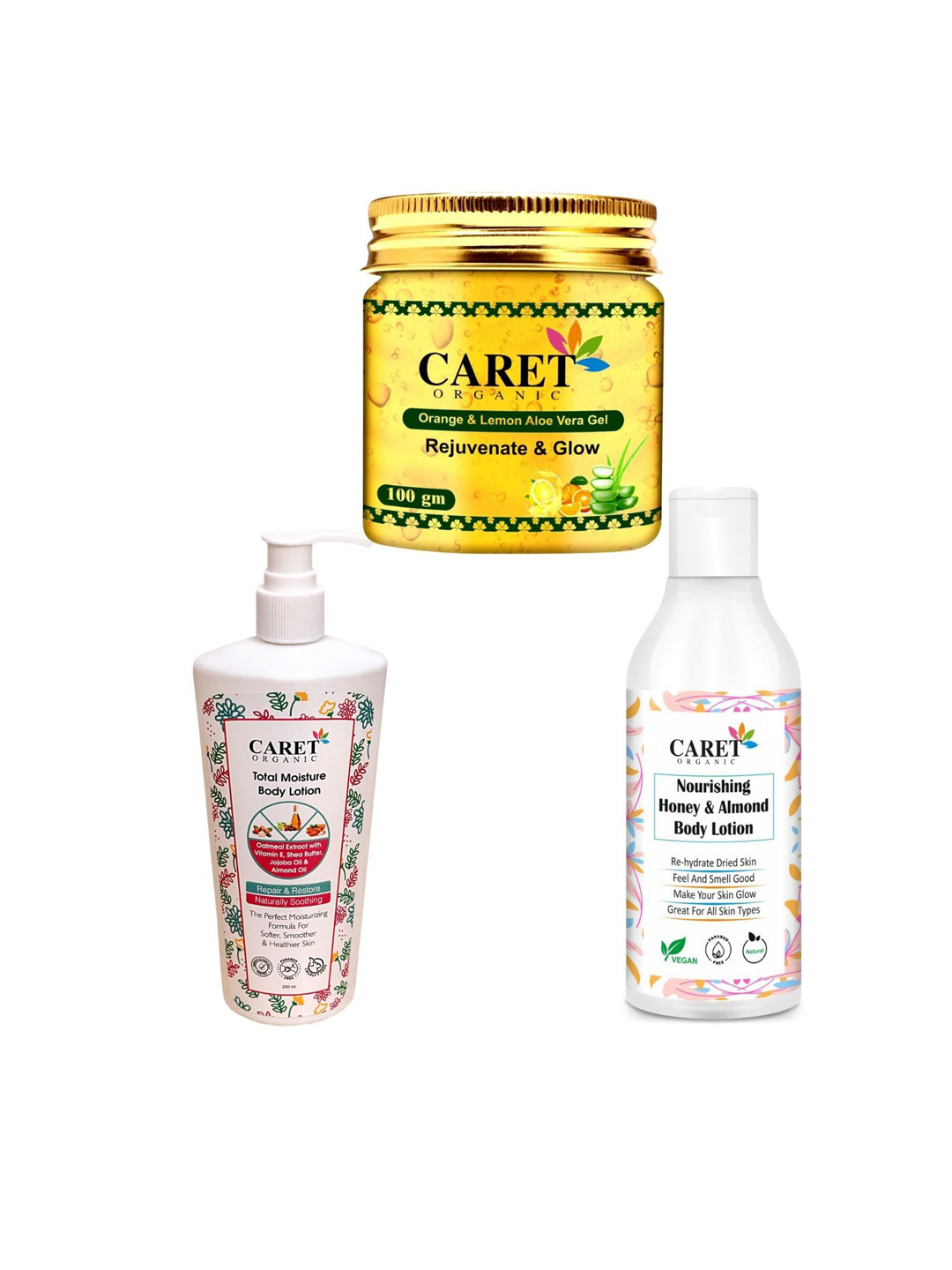 CARET ORGANIC Set Of 3 Aloe Vera Gel With Almond Body Lotion & Total Moisture Body Lotion