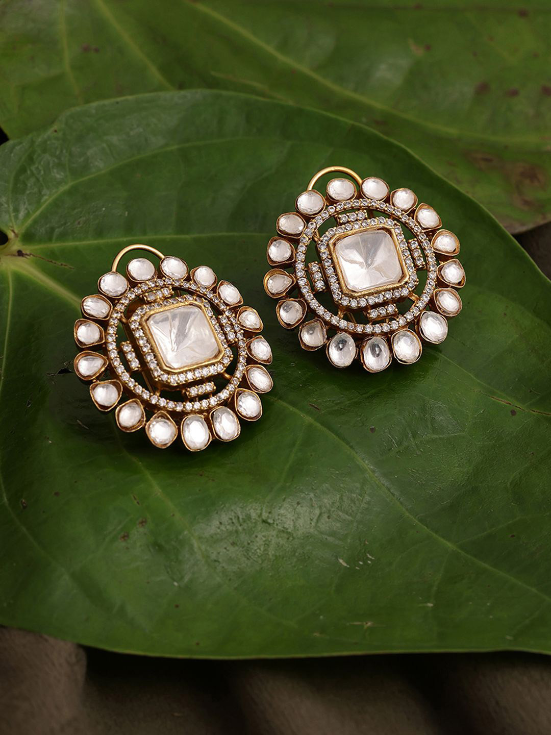 Ruby Raang Gold-Plated Kundan Studded Contemporary Oversized Round Studs