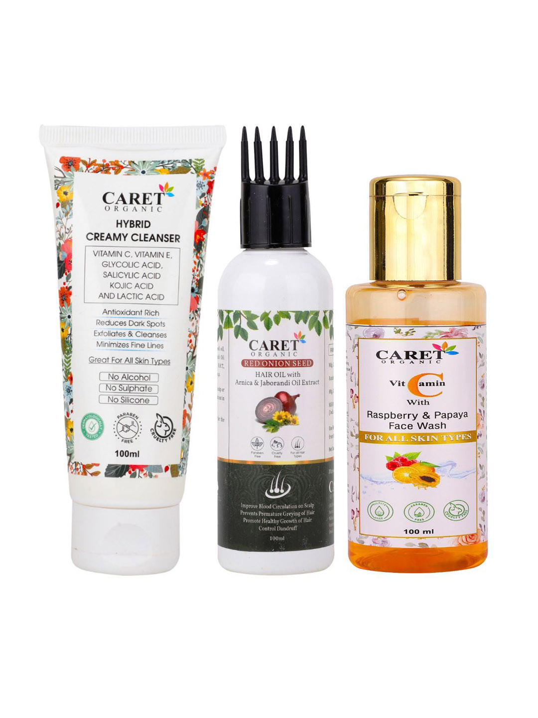 CARET ORGANIC Set of Hybrid Creamy Face Wash + Onion Seed Hair Oil + Vitamin C Face Wash