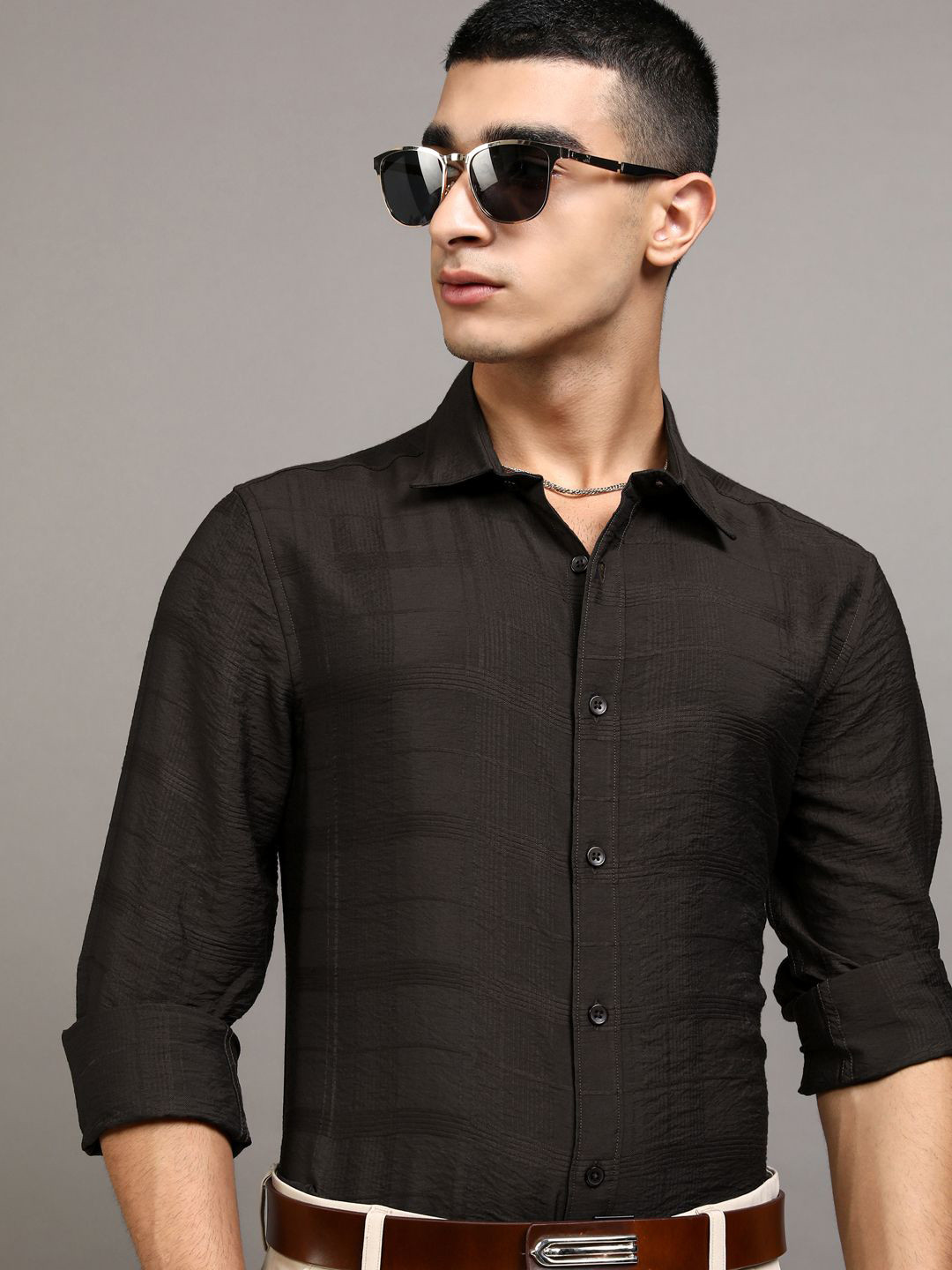 HIGHLANDER Men Chocolate Jacquard Textured Occasion Slim Fit Shirt