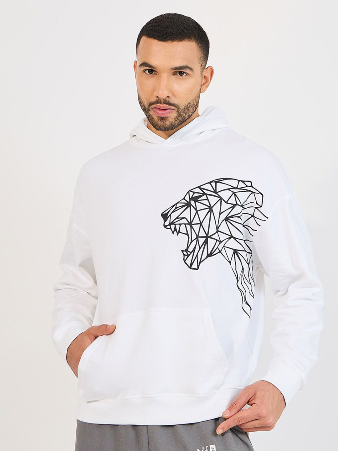 Styli White Tiger Printed Hooded Oversized Sweatshirt