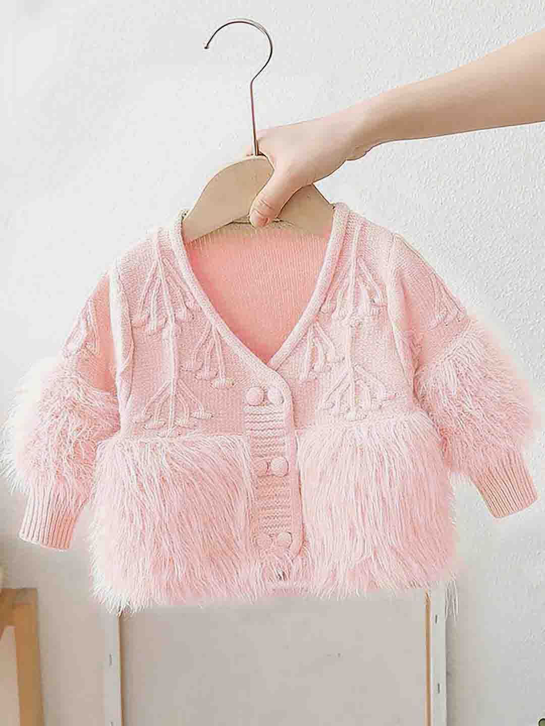 Little Surprise Box LLP Kids Furry Knitted Cardigan Sweater