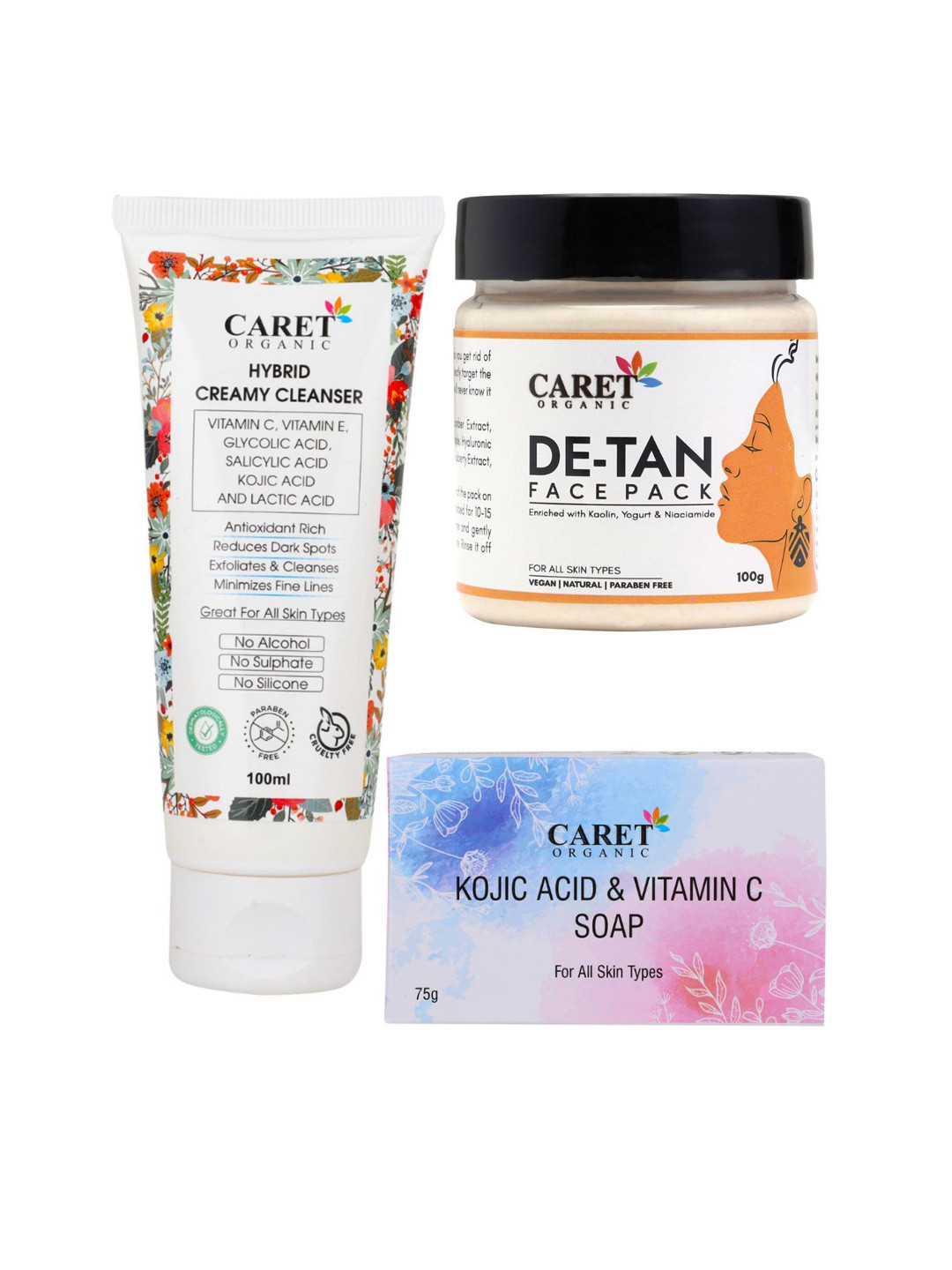 CARET ORGANIC Set Of 3 Hybrid Creamy Face Wash With De-Tan Face Pack & Kojic Acid Soap