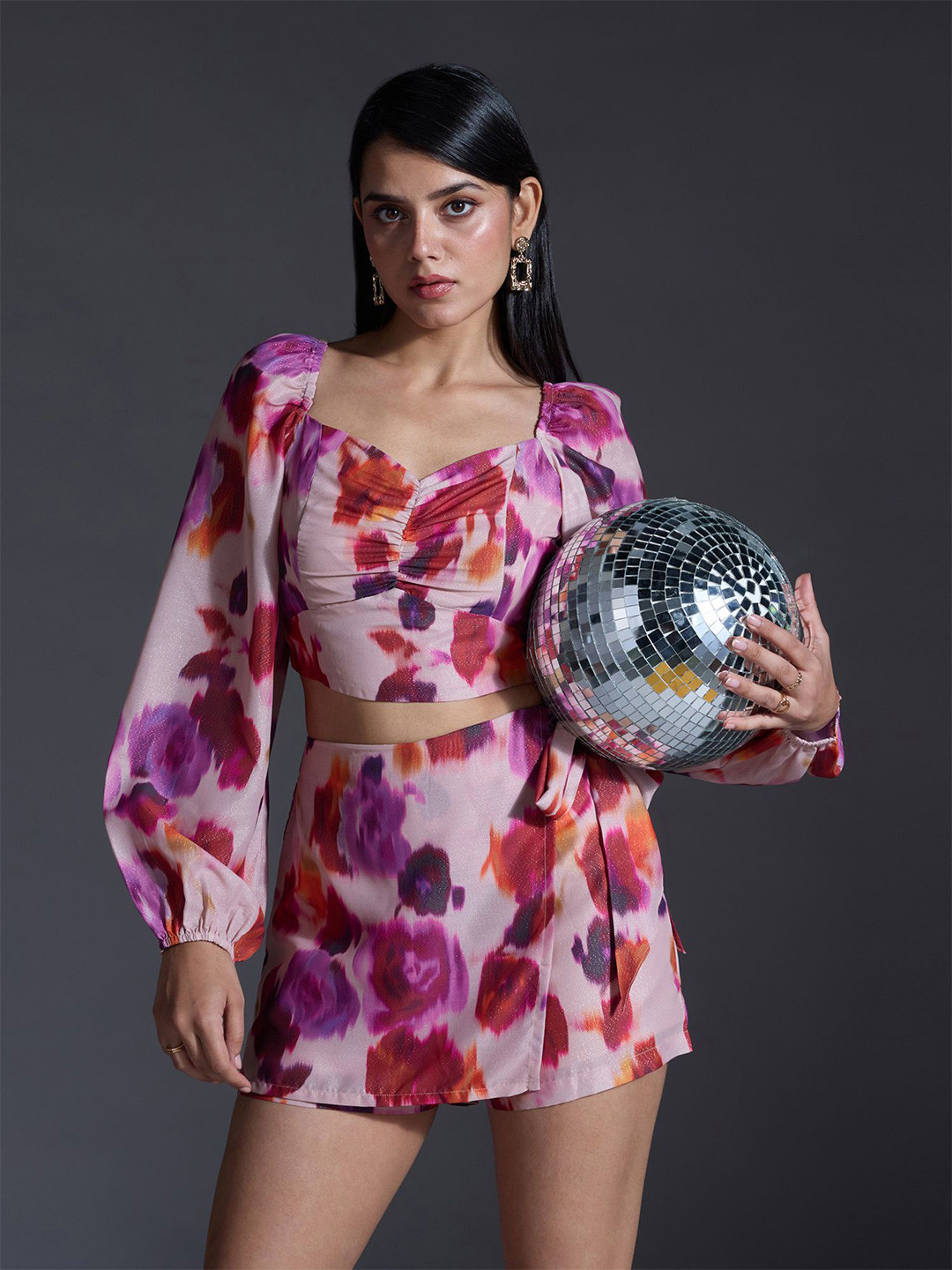 20Dresses Printed Long Sleeves Crop Top & High Waist Skort