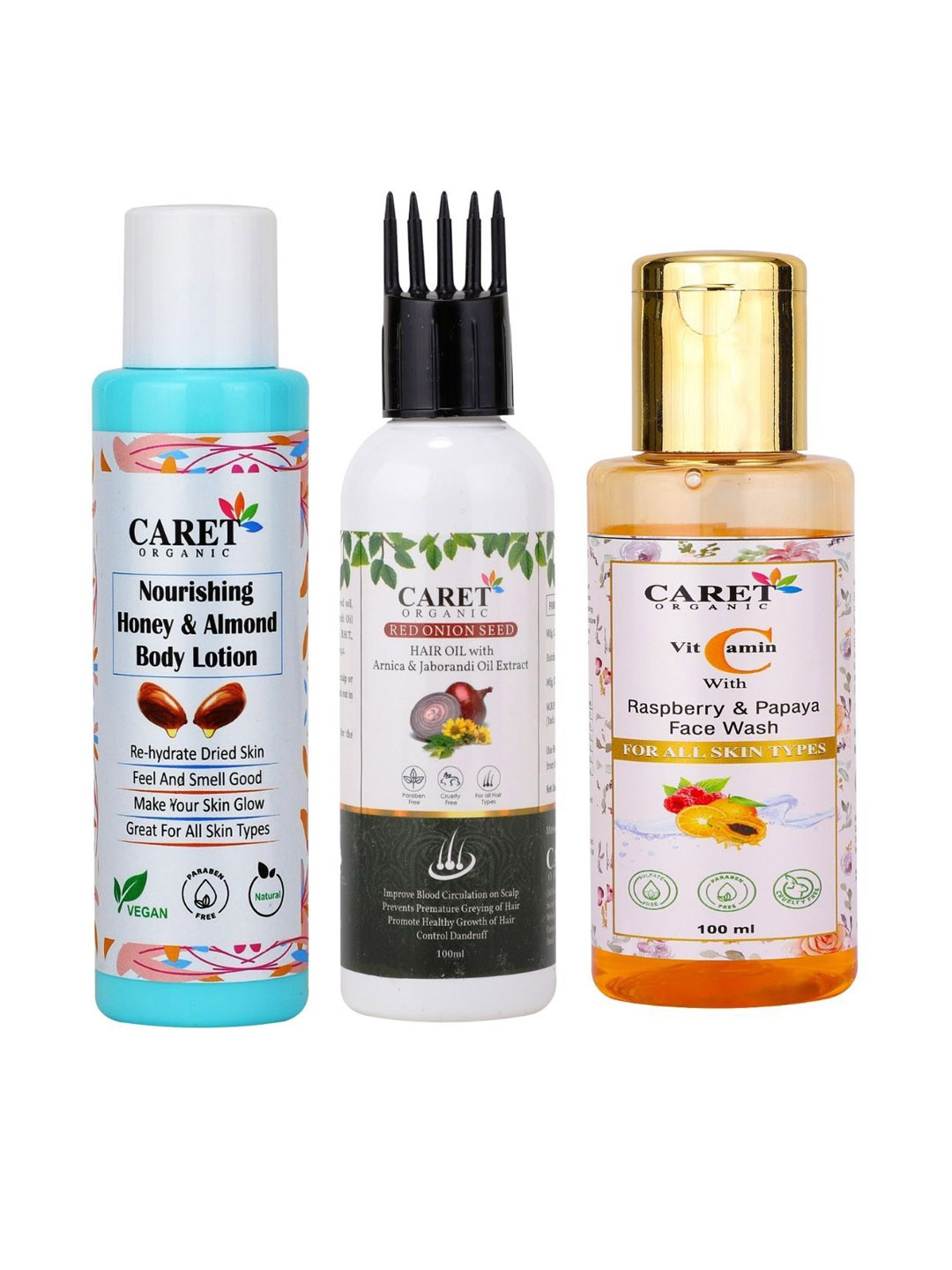 CARET ORGANIC Set Of 3 Almond Body Lotion, Onion Seed Hair Oil & VitaminC Papaya Face Wash