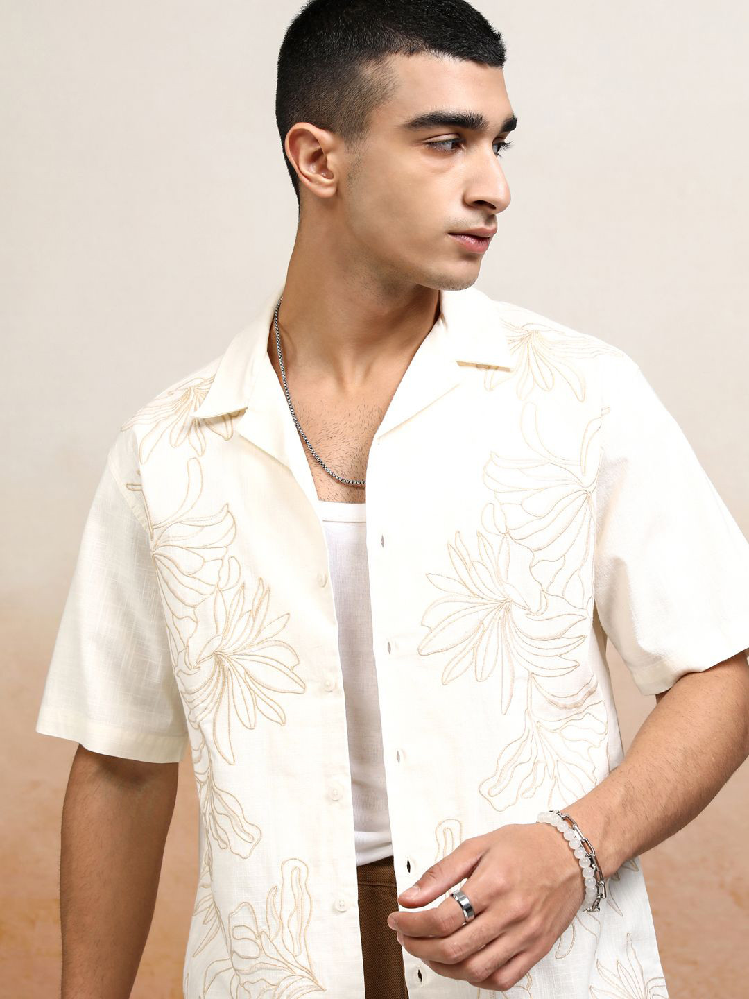 HIGHLANDER Men Cream Dori Embroidery Cuban Collar Relaxed Shirt