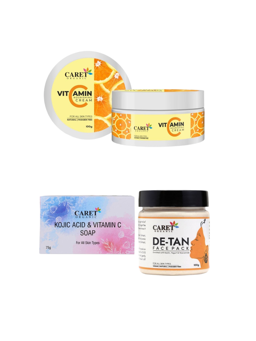CARET ORGANIC Set Of 3 Vitamin C Cream With Kojic Acid Vitamin C Soap & De-Tan Face Pack