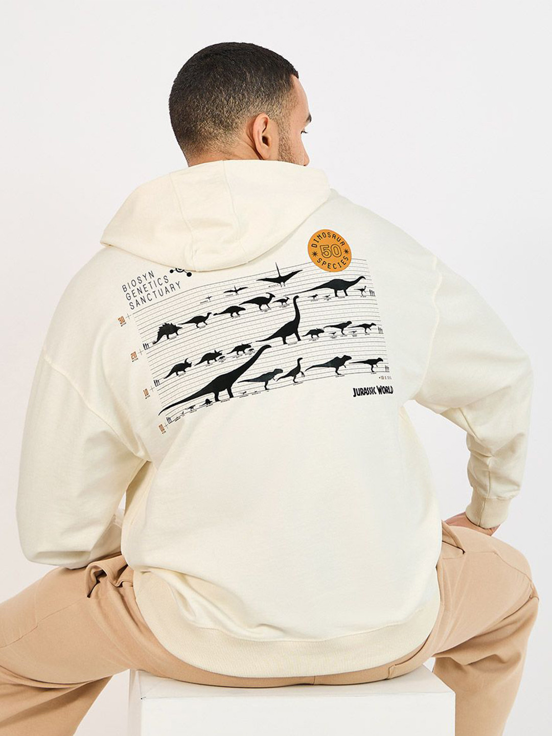 Styli Cream-Coloured Jurassic Park Printed Hooded Oversized Pure Cotton Sweatshirt