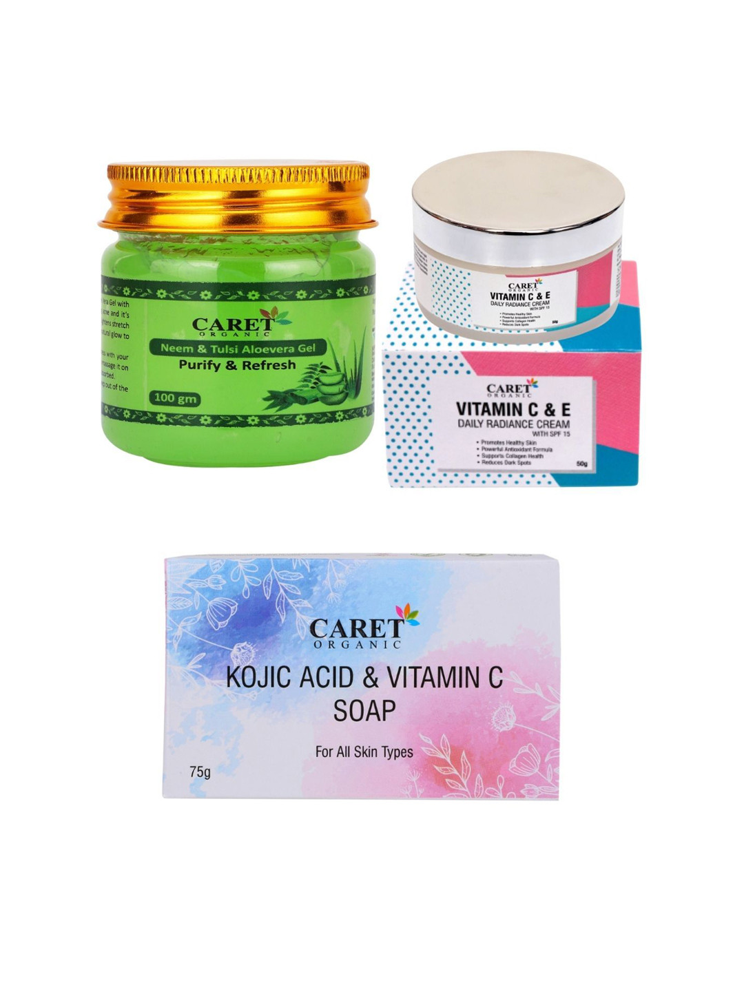 CARET ORGANIC Set Of 3 Aloevera Gel With Daily Radiance Cream & Kojic Acid Vitamin C Soap