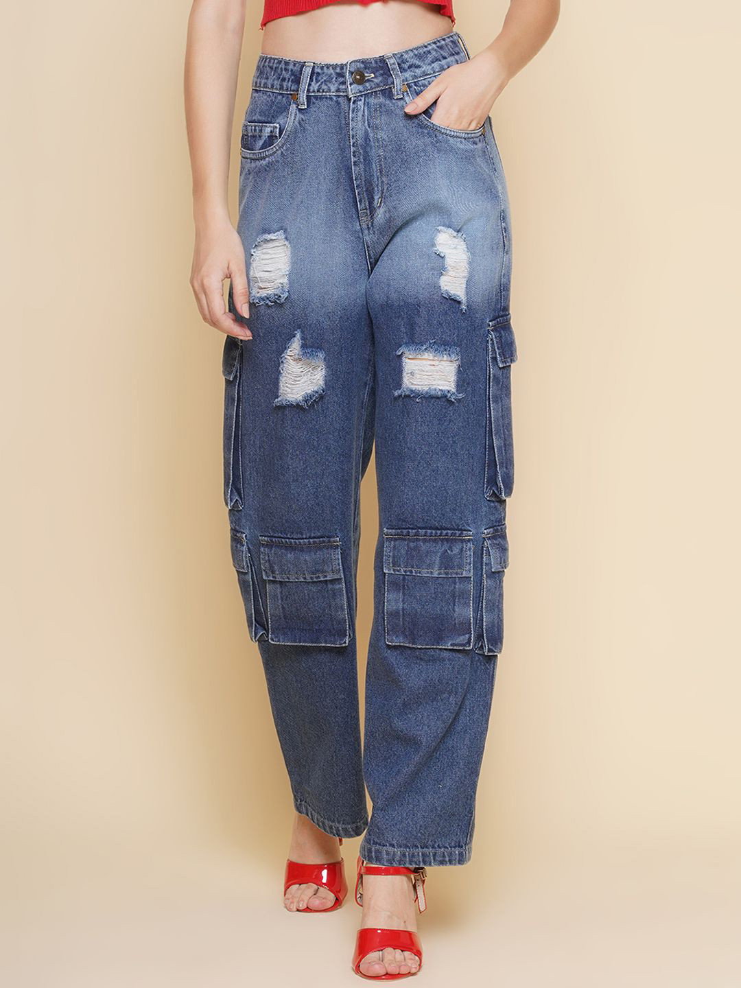 PUELLA Women Cotton High-Rise Mildly Distressed Regular Fit Easy Wash Cargo Styles Jeans