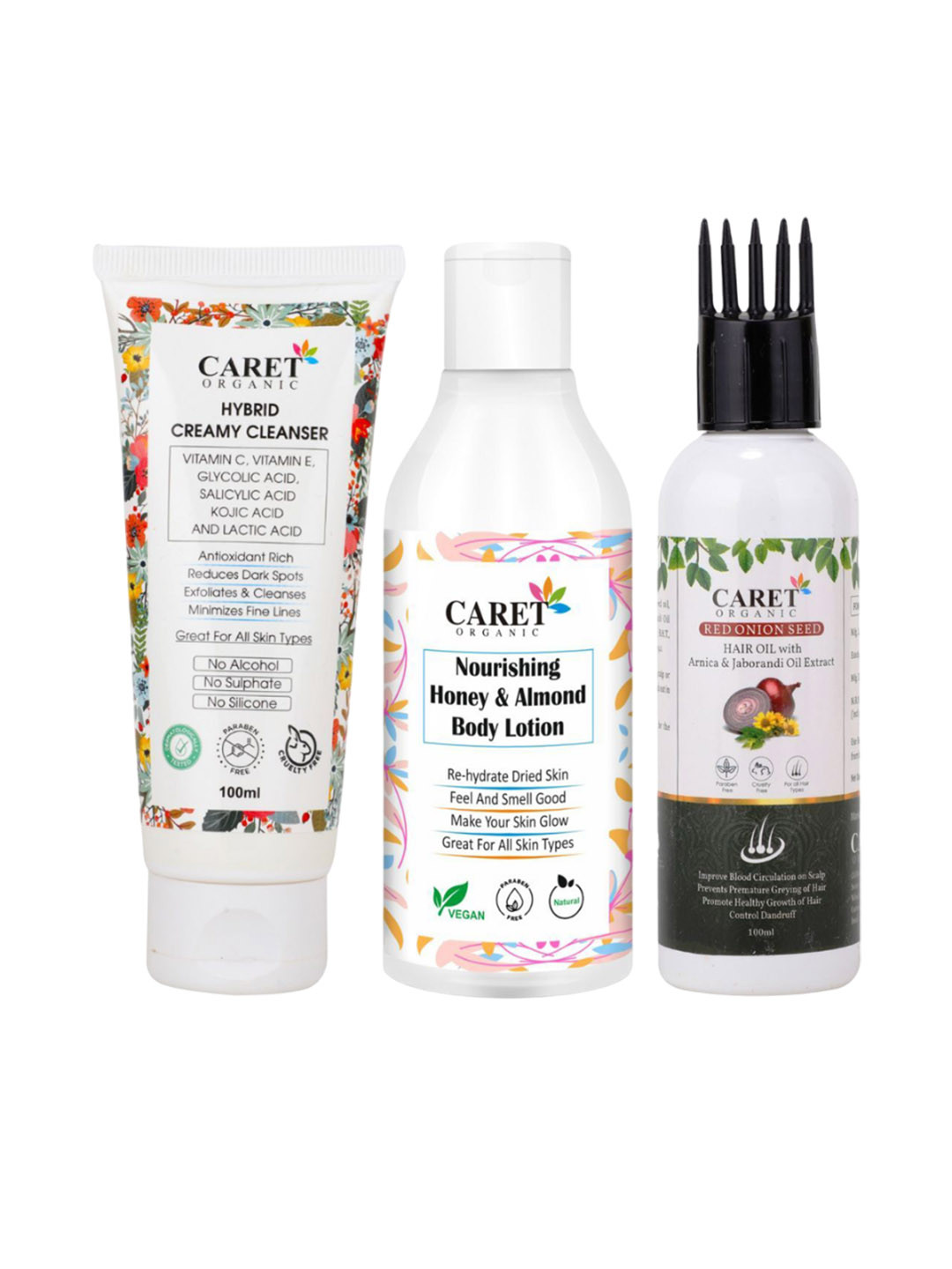 CARET ORGANIC Set Of 3 Face Wash With Honey Almond Body Lotion & Onion Seed Hair Oil