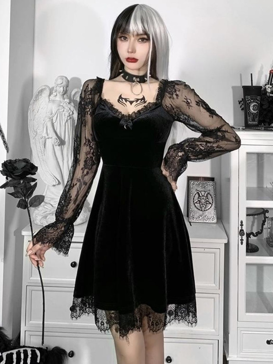 KPOP Women Sweetheart Neck Knee Length Lace A-Line Dress