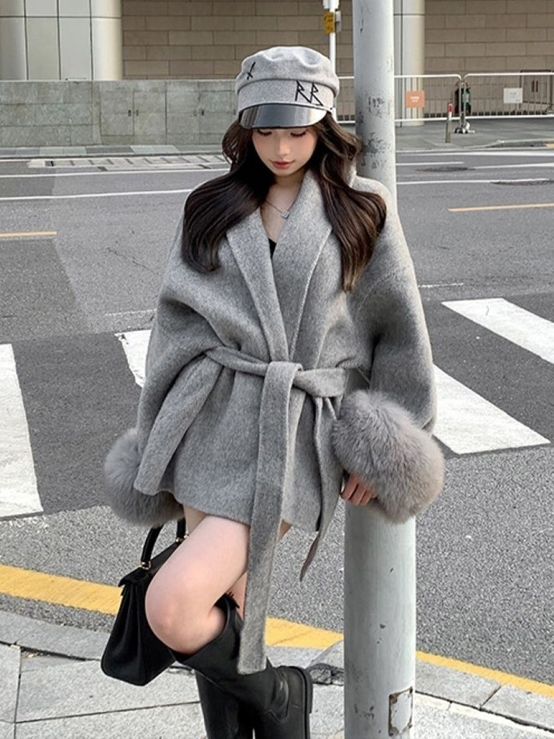HERE&NOW  V-Neck Above Knee Long Sleeves Wrap Jumper Dress