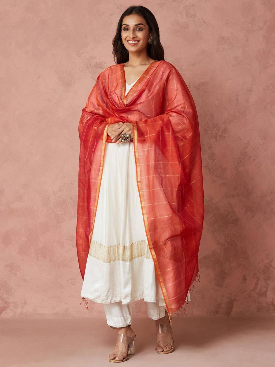 Fabindia Pink Cotton Silk Blend Maheshwari Dupatta