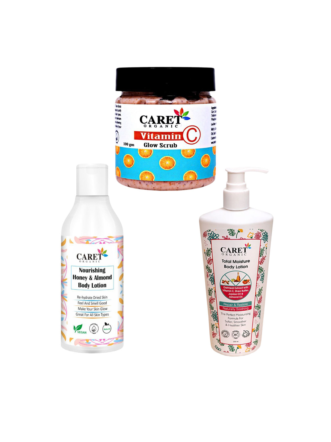 CARET ORGANIC Set Of 3 Vitamin C Glow Scrub With Total Moisture Body Lotion & Honey Lotion