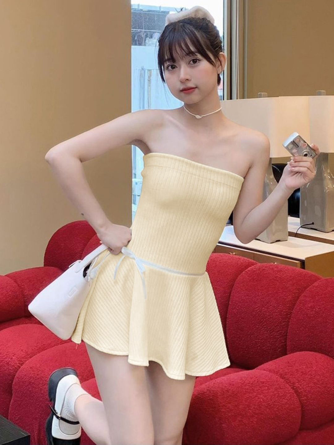 KPOP Women Strapless Waisted Tie-up Bandeau Dress