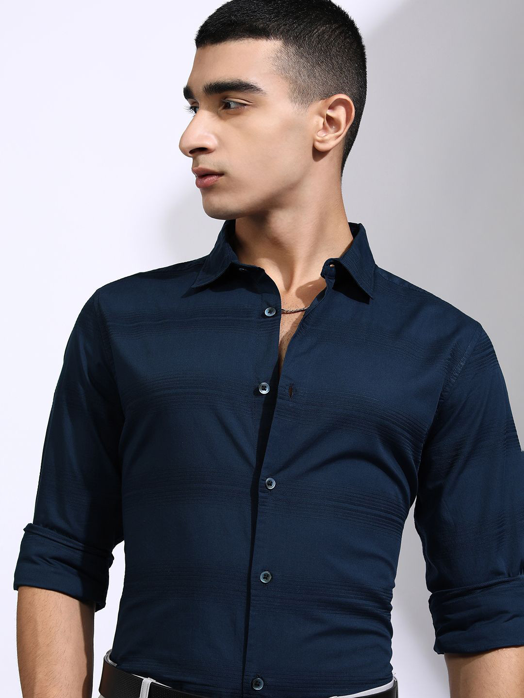 HIGHLANDER Men Dobby Textured Striped Slim Fit Casual Shirt
