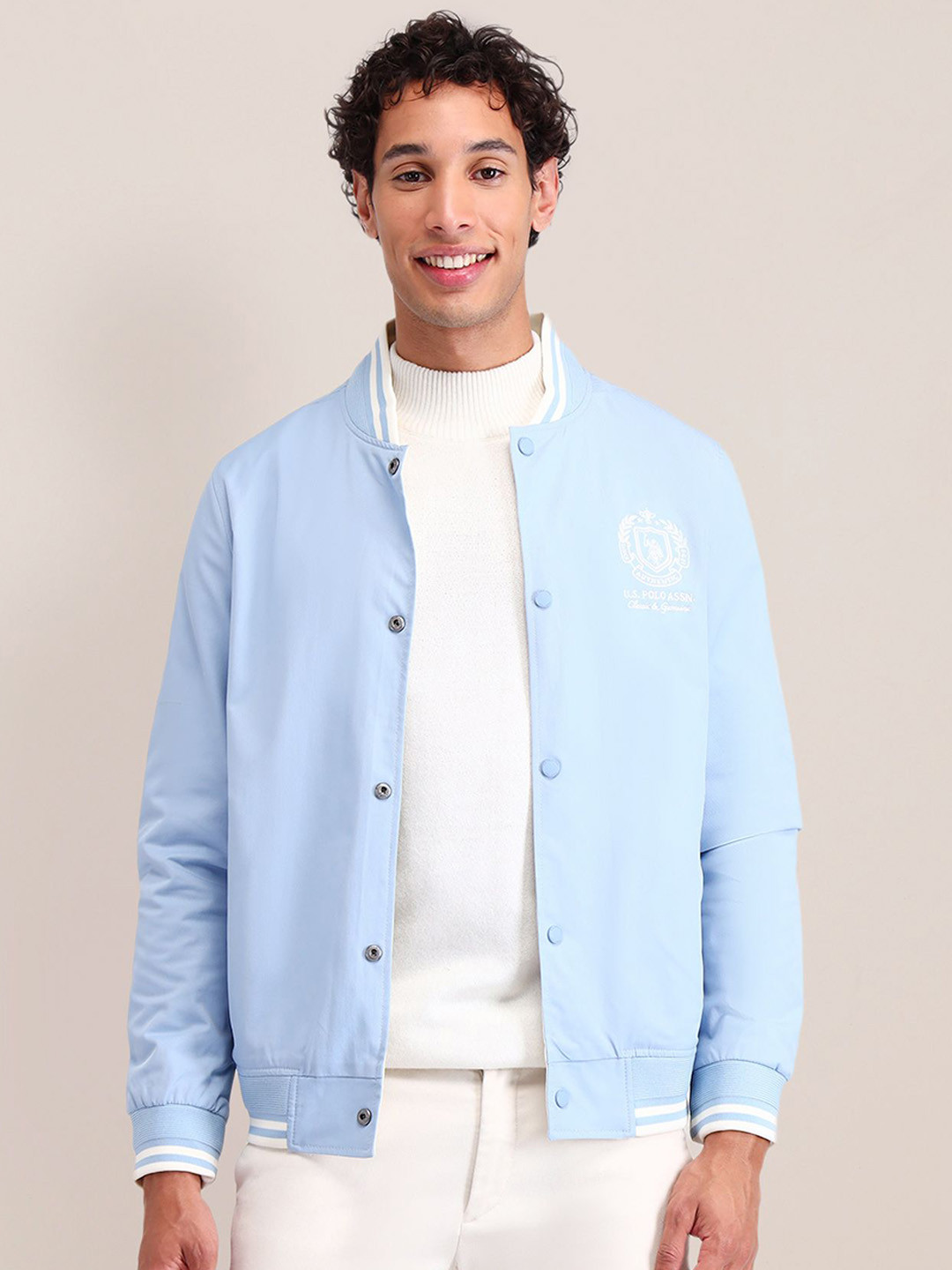 U.S. Polo Assn. Men Brand Logo Polyester Reversible Varsity Jacket