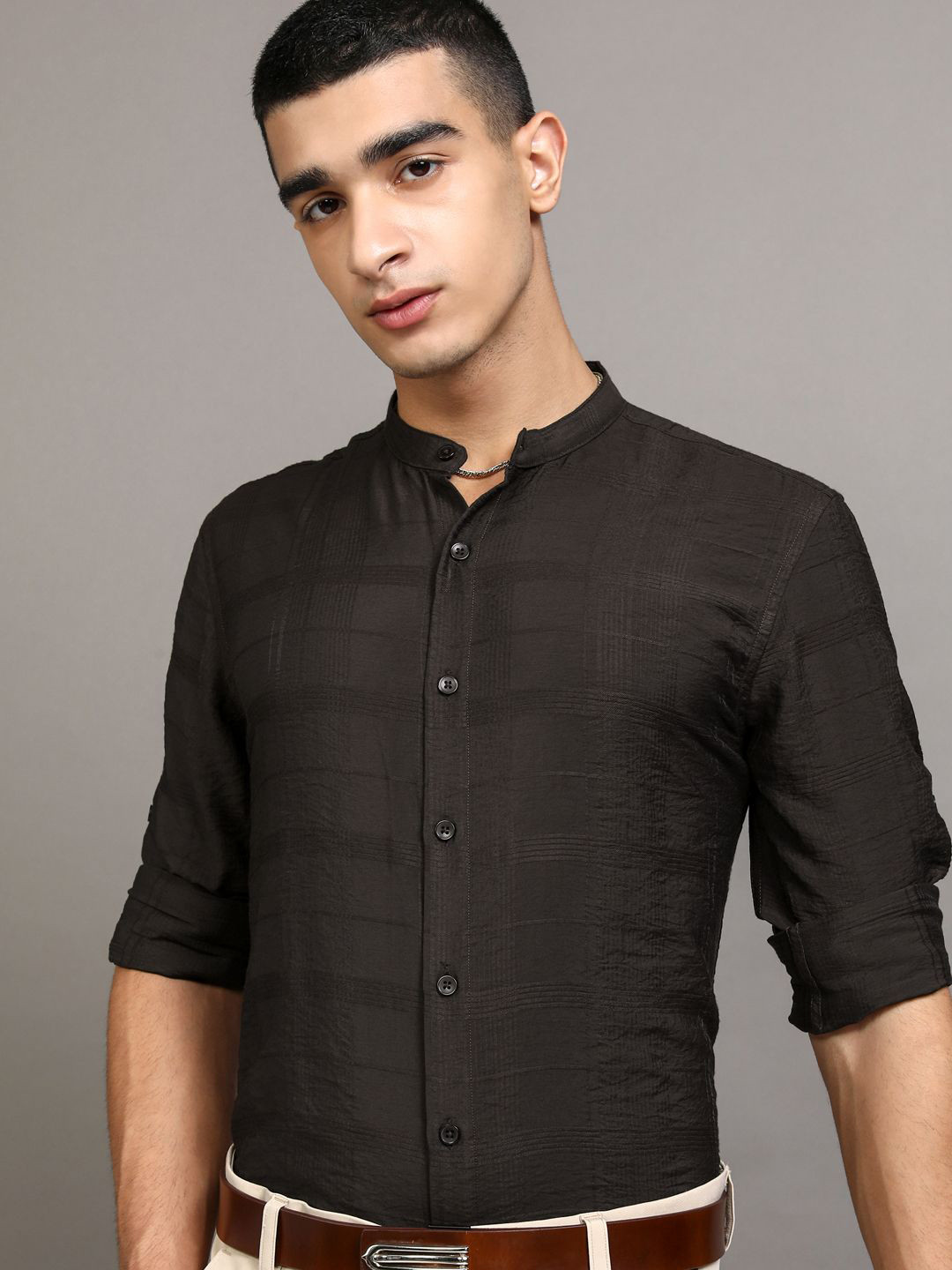 HIGHLANDER Men Chocolate Jacquard Textured Checked Mandarin Collar Shirt