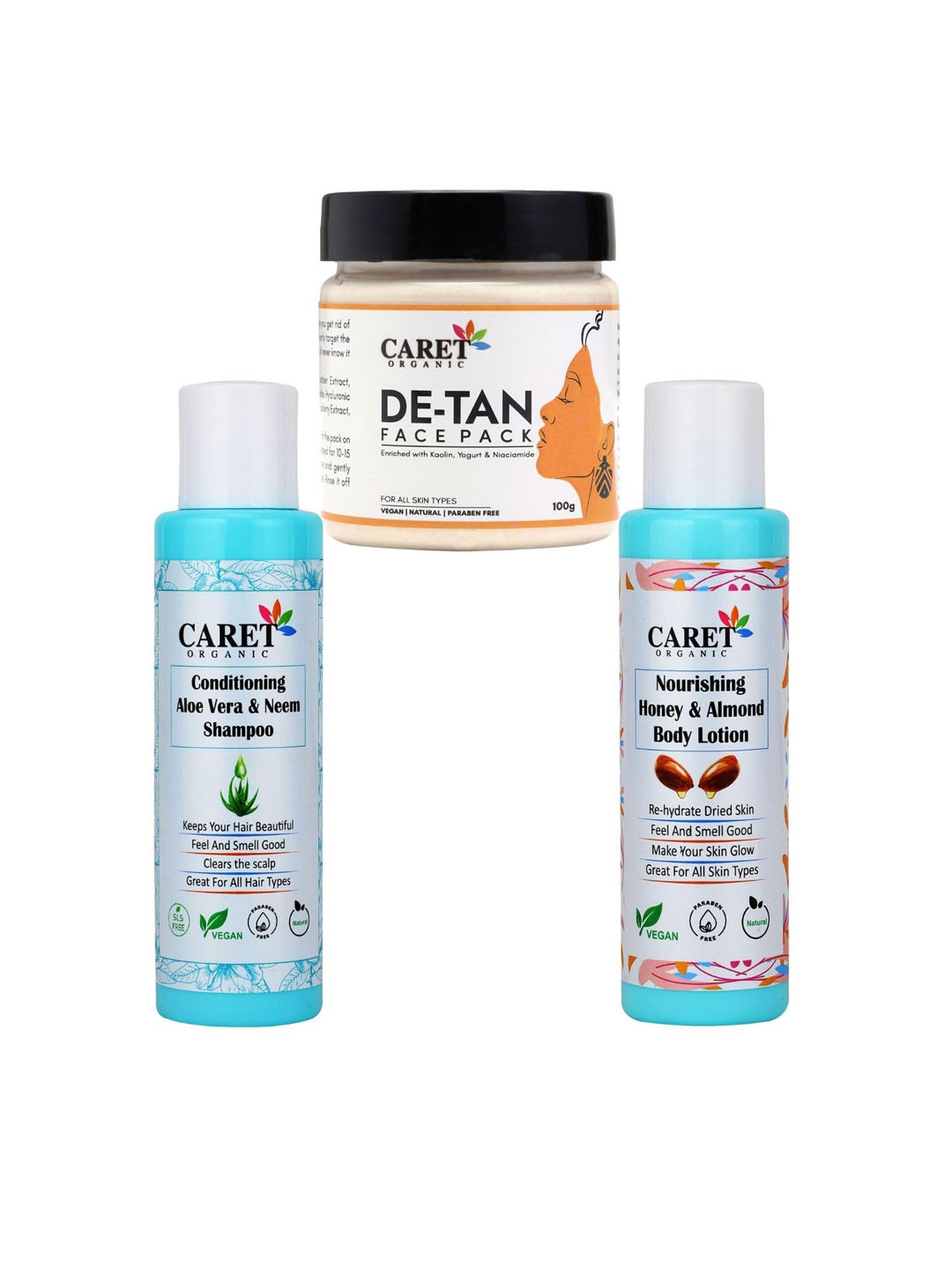 CARET ORGANIC Set Of 3 De-Tan Face Pack With Aloe Vera & Neem Shampoo & Body Lotion