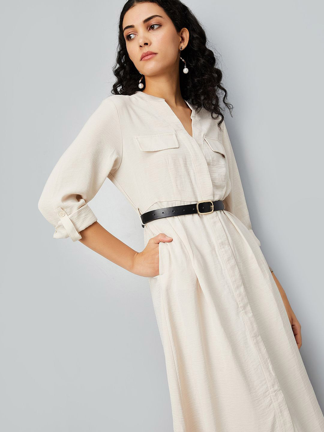 max V-Neck Roll-Up Sleeves Shirt Midi Dress Comes with a belt