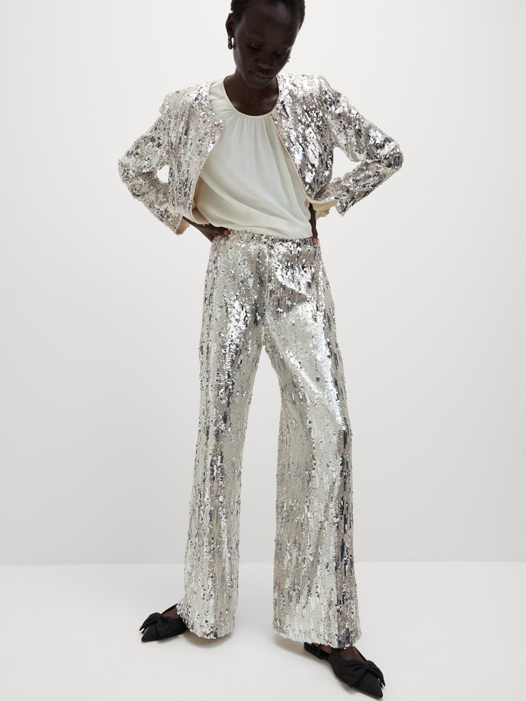 Marks & Spencer Women Sequinned High-Rise Loose Fit Parallel Trousers