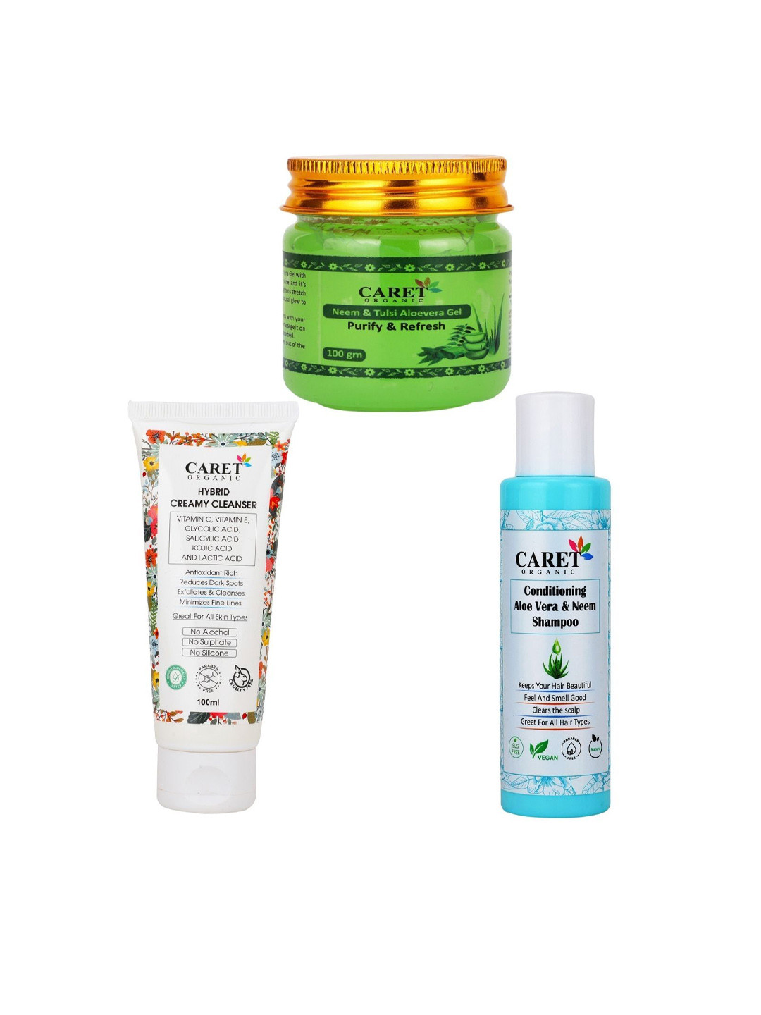 CARET ORGANIC Set of 3 Aloe Vera Gel & Creamy Cleaser with Neem Shampoo