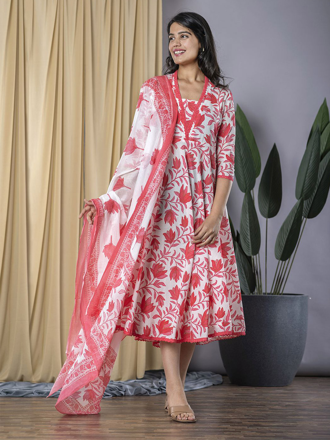 KALINI Floral Print Formal Fit & Flare Midi Dress with Dupatta