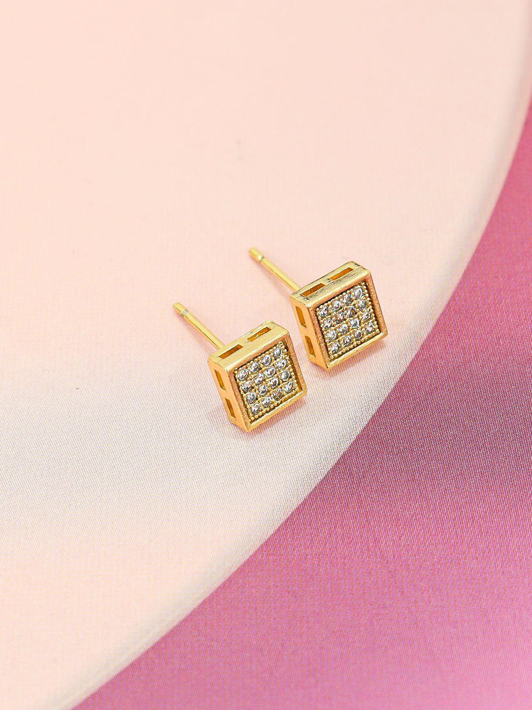 KRENOZ Gold-Plated Stainless Steel Square Shape Stone Studded Studs