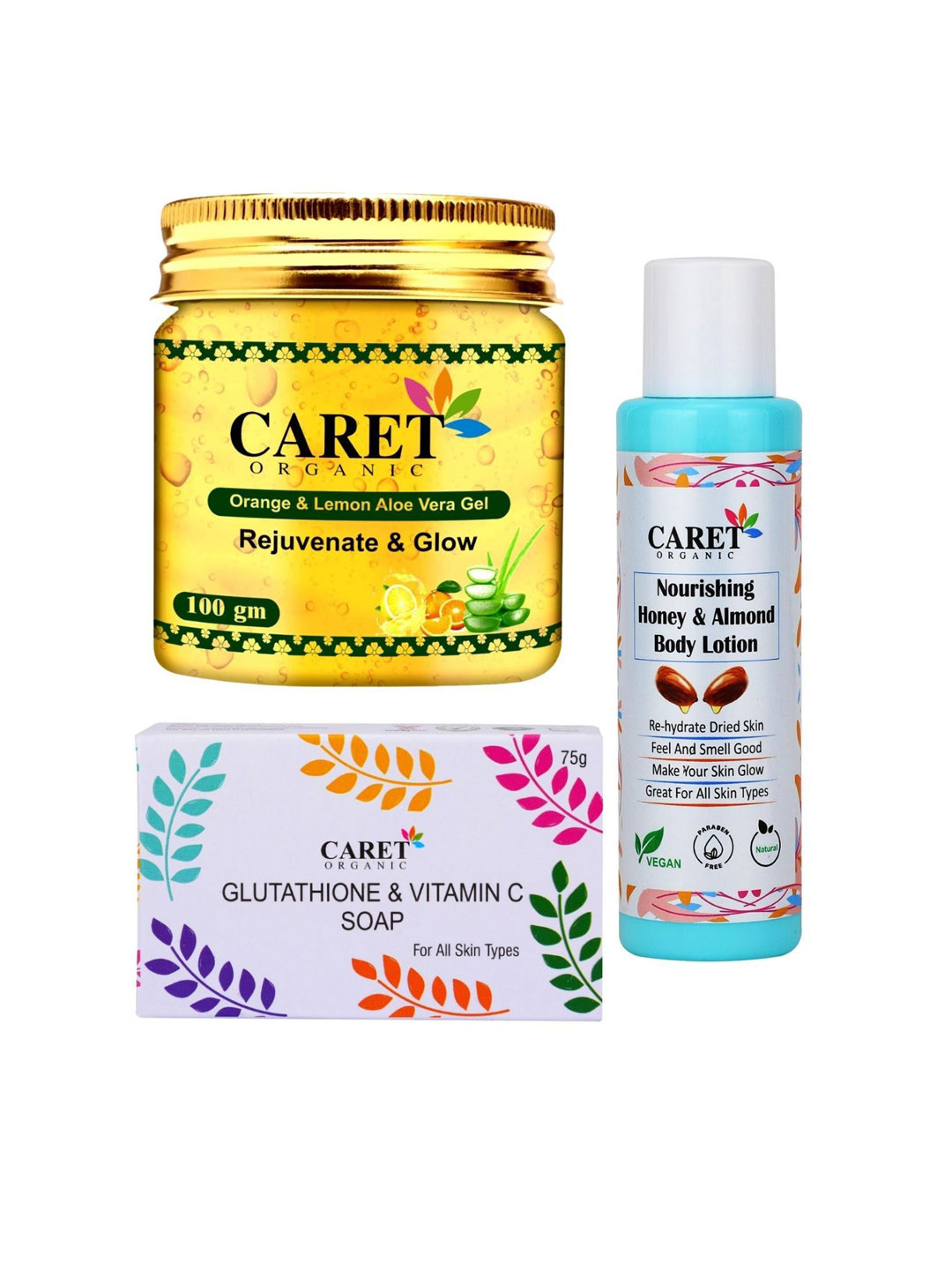 CARET ORGANIC Set Of 3 Aloevera Gel With Glutahione Vitamin C Soap & Almond Body Lotion