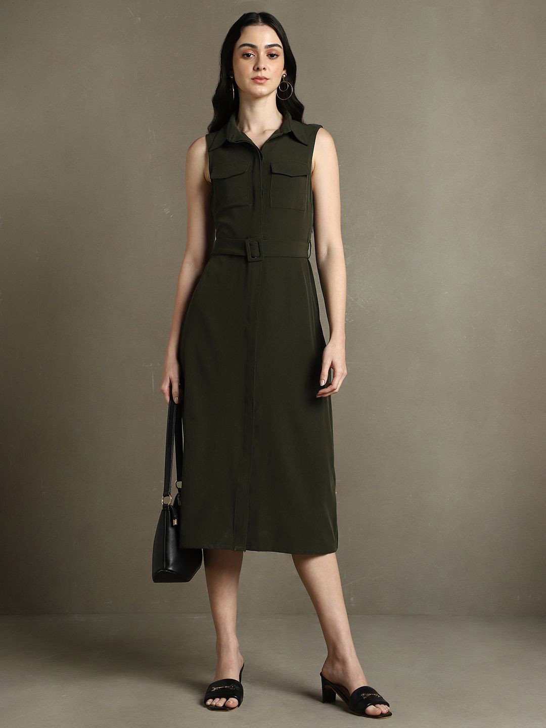 DL Woman Women Casual Shirt Collar Sleeveless Dress