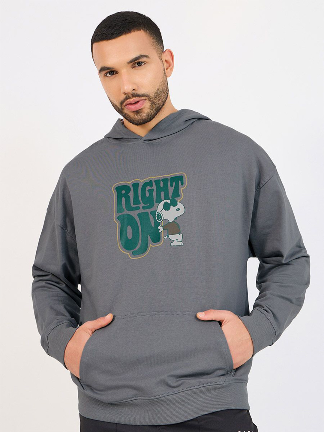 Styli Grey Peanuts Printed Hooded Oversized Pure Cotton Sweatshirt